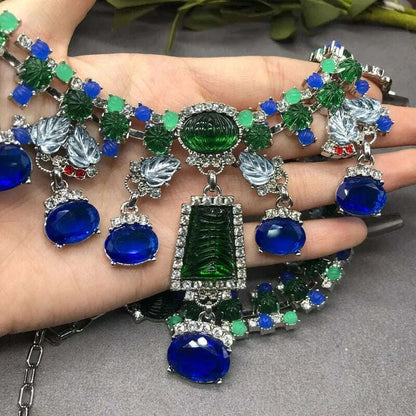 High-End Feel Blue Gemstone Choker Necklace Earrings Suit Fashionable Lockbone Chain Jewelry Set For Special Occasions