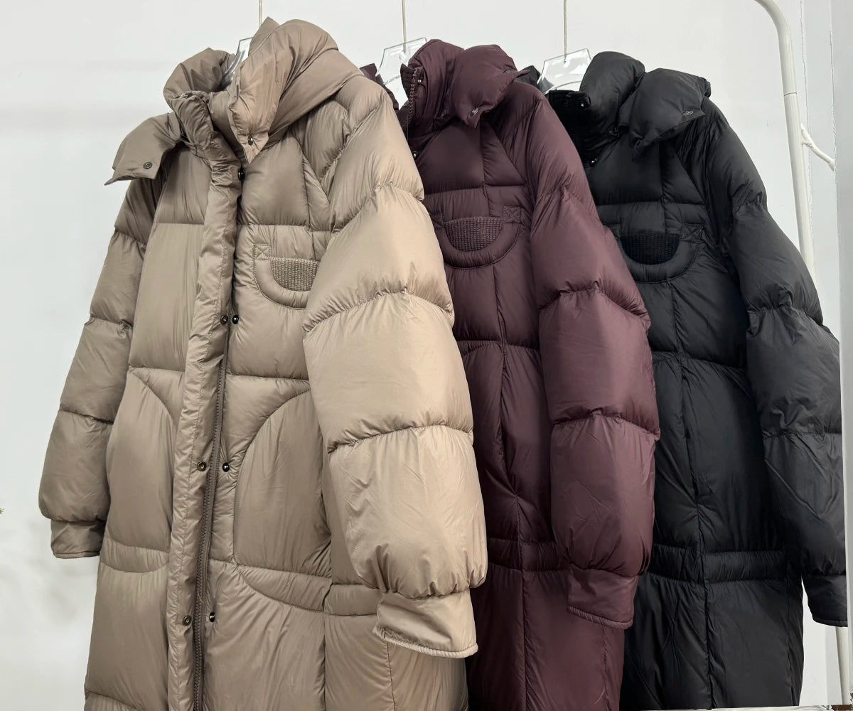 Hirsionsan Winter Long Solid Hooded Puffer Clothing Women Loose Casual White Duck Down Jackets Retro Streetwear Simple Warm Coat