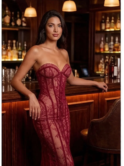 Sexy Strapless Lace Corset Long Dress Women Wine Red Black Sleeveless Summer Floral Slim Dresses Celebrity Evening Party...