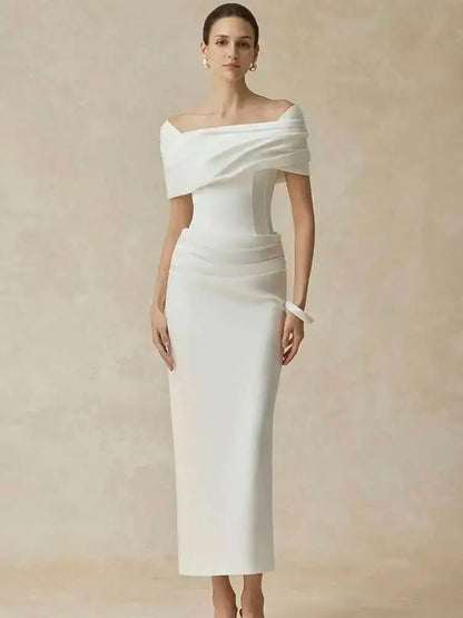 DEAT Elegant Dress Slash Neck Pleated Back Split Slim Hip Warp Long Women's Evening Party Dresses 2026 Winter New Tide...