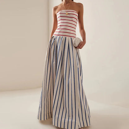 Sexy Strapless Backless Women Maxi Dress Elegant Contrast Striped Print Hollow Long Dress Spring Summer High Waist Evening Dress - Kimlud