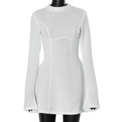 Women's New in dress novelty 2025 long sleeve Short dresses elegant party Casual Simple solid white black fashion Backless skirt - Kimlud