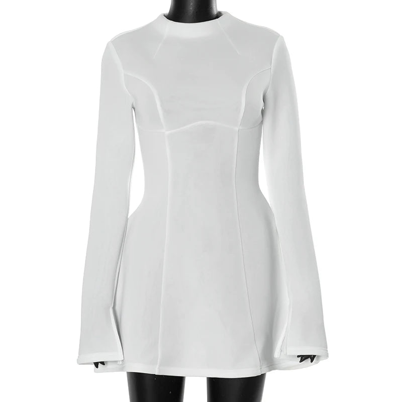 Women's New in dress novelty 2025 long sleeve Short dresses elegant party Casual Simple solid white black fashion Backless skirt - Kimlud