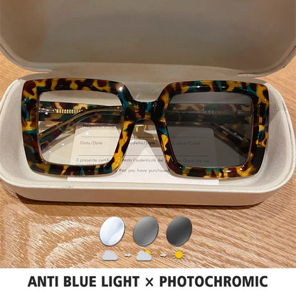 BLMUSA Square Photochromic Blue Light Blocking Large Frame Eyeglasses fashion Reading Glasses ladies Prescription Myopia Glasses - Kimlud