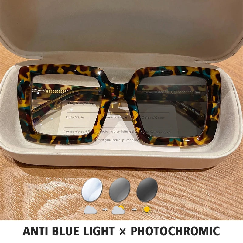 BLMUSA Square Photochromic Blue Light Blocking Large Frame Eyeglasses fashion Reading Glasses ladies Prescription Myopia Glasses - Kimlud