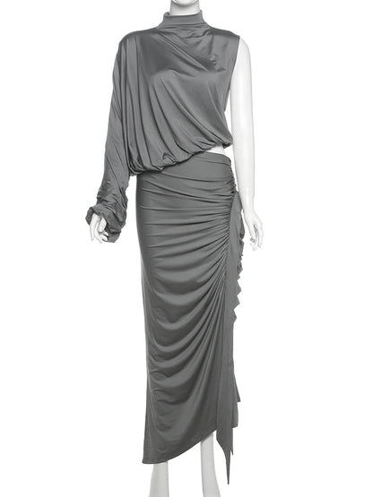 Nibber Summer Y2K Solid Style 2Piece Set Women Turtleneck Single Shoulder Sleeve Tops+Ruched Long Skirts Fashion Elegant Outfits