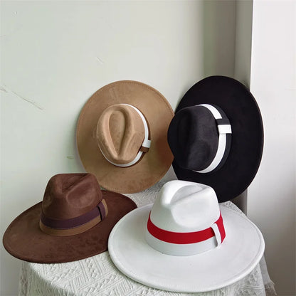 Colorblock Ribbon Colorful Suede Hat Autumn and Winter Women's Felt Hat Wide Brim Hat British Style Retro Men's Gorras Hombre - Kimlud