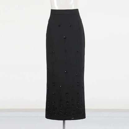 TWOTWINSTYLE Solid Spliced Diamonds Two Piece Set For Women Stand Collar Long Sleeve Tops High Waist A Line Skirt Set Female New