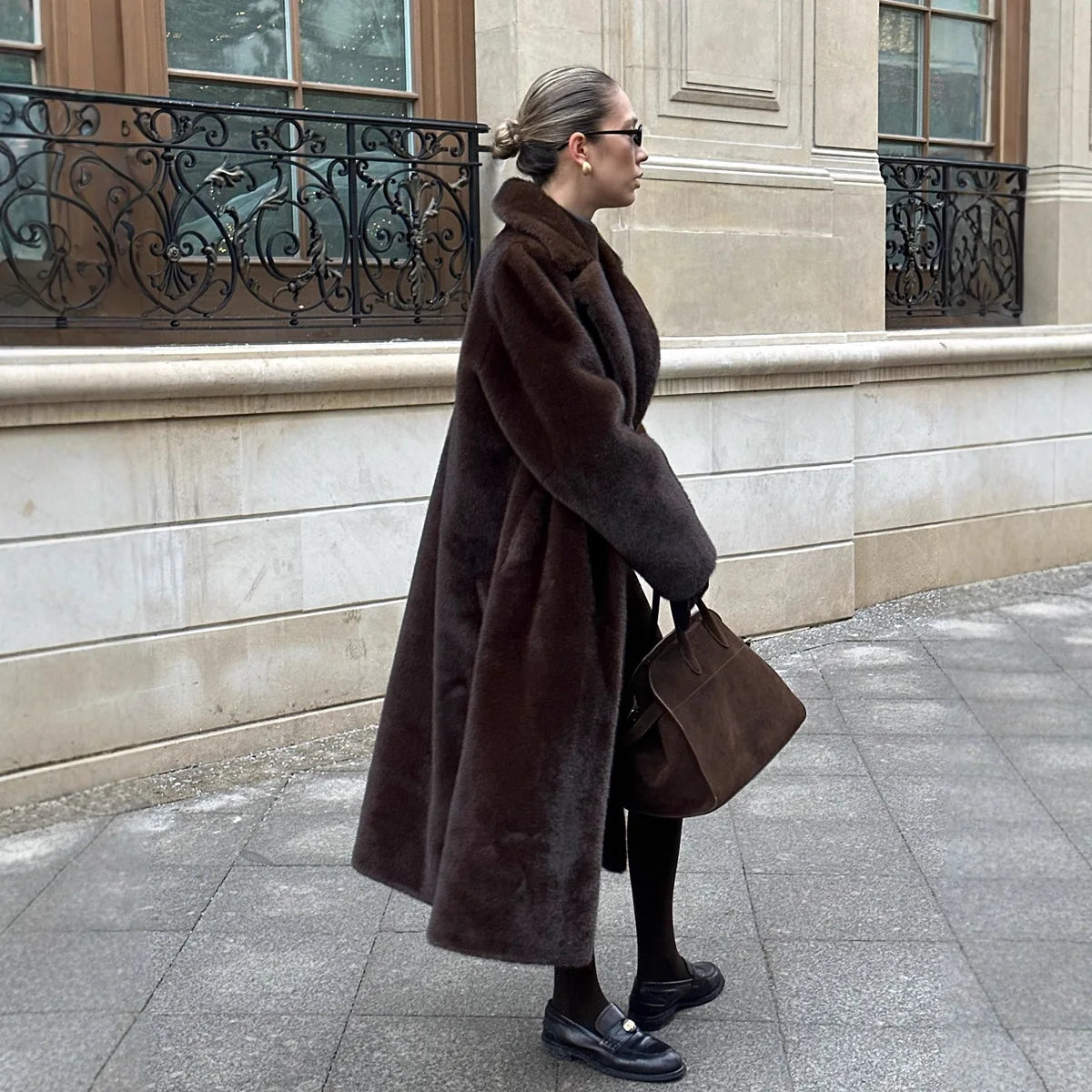 Long Coats Women Faux Fur Y2k Maxi Overcoat Lace Up Turn Down Collar Full Sleeve Thick Loose Elegant Jackets Autumn Winter 2025