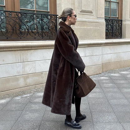 Long Coats Women Faux Fur Y2k Maxi Overcoat Lace Up Turn Down Collar Full Sleeve Thick Loose Elegant Jackets Autumn Winter 2025