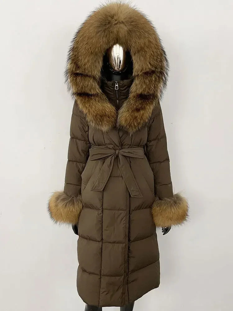 CXFS New Real Raccoon Fox Fur Collar Hooded Natural Long Winter Jacket Women 90 White Duck Down Coat Thick Warm Casual Outerwear