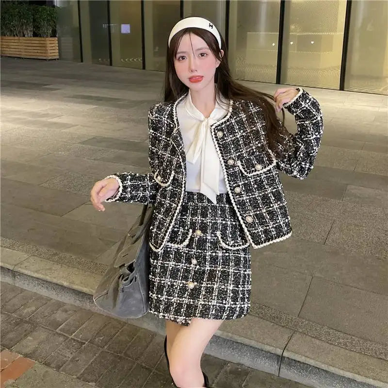 Formal Chic Houndstooth Plaid Set Skirt Women Spring Autumn New Fashion Loose Single-Breasted Plaid Jacket+Skirt Two-Piece Suit