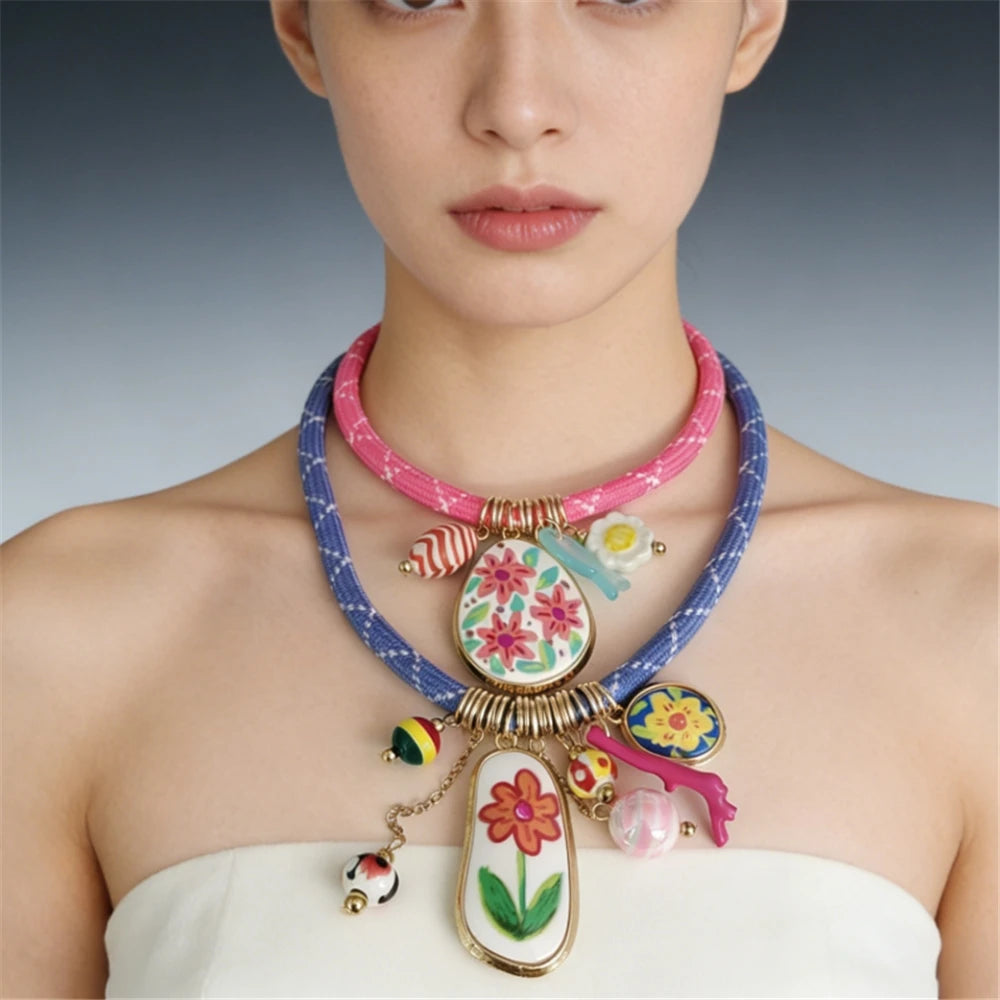 Colorful Dopamine Pink Blue Cord Choker Necklace Women Indian Boho Ethnic Statement Enamel Flower Pendant Necklace lady...