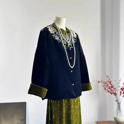 New Chinese Style Women's Velvet Jacket Heavy Embroidery Warm Cotton Coat Autumn Winter Cotton Padded Fashionable Little Cott...