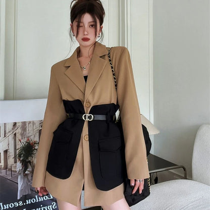 Original Design Blazer Women Fashion New Loose Spliced Pocket Korean Shrug Notched Single Breasted Blazer Mujer Femal with Belt
