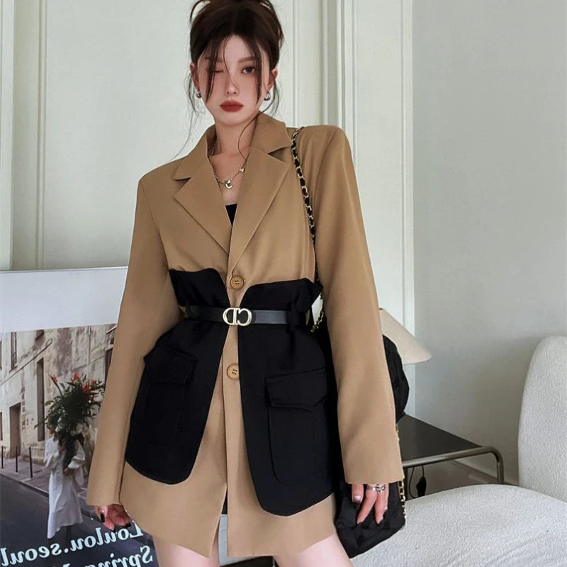 Original Design Blazer Women Fashion New Loose Spliced Pocket Korean Shrug Notched Single Breasted Blazer Mujer Femal with Belt