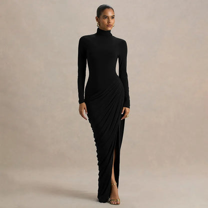 Slim Fit High Neck Pleated Dress with Slit Elegant Lady's Long Sleeve Dress Thick Material High Waist Bodycon Gown for Women - Kimlud