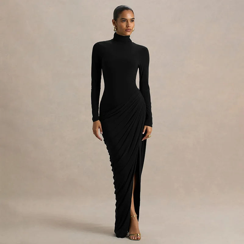 Slim Fit High Neck Pleated Dress with Slit Elegant Lady's Long Sleeve Dress Thick Material High Waist Bodycon Gown for Women - Kimlud