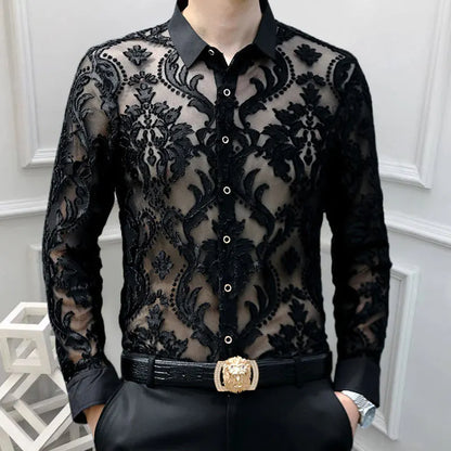 3 Colours Soft Velvet Slim-fit Men Clothing Nightclub long sleeved Sexy Polo See Through High Quality Transparent Floral Polo - Kimlud