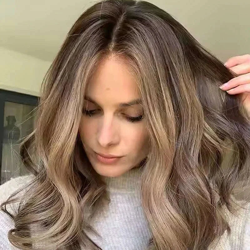 Premium European Synthetic Hair lace Top Jewish wig Brown caramel highlights colored lace front wig Hight Density For Women Use