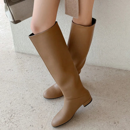 Women's genuine leather round toe slip-on flats autumn knee high boots casual female soft comfortable knight boots shoes woman