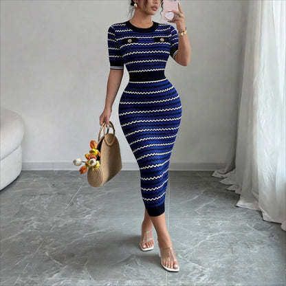 Women's Blue Geometric Striped Crew Neck Sundress Short Sleeve Stretchy Ribbed Knit Bodycon Long Dress Summer Party Maxi...