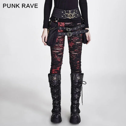 PUNK RAVE Gothic Women Broken Mesh Leggings High Elastic Holes Crocheted Breathable Ripped Pants Black Red Steampunk Charm Sexy