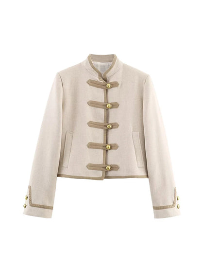 TFMLN Vintage Button Jacket For Women Stand Collar Autumn New Slim Casual Shoulder Pad  Outerwear Ladies Short Coat 2025