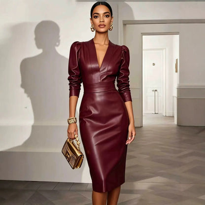 V Neck PU Leather Midi Dress Women Long Sleeve Bodycon Sheath Evening Party Dress | Kimlud Premium Dress
