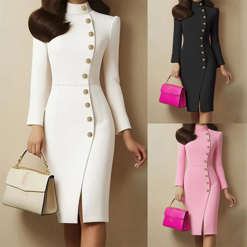 Elegant Stand Collar Split Slim Fit Midi Dress Women's Fashion Single Breasted Solid Party Dress Casual Long Sleeve...