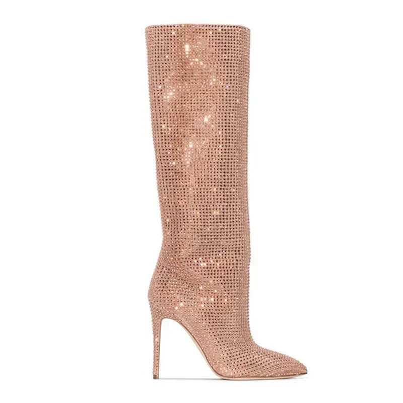 2025Women's New European and American Fashion Show Starry Sky High-heeled Rhinestone Pointed Nightclub Four Seasons Boots