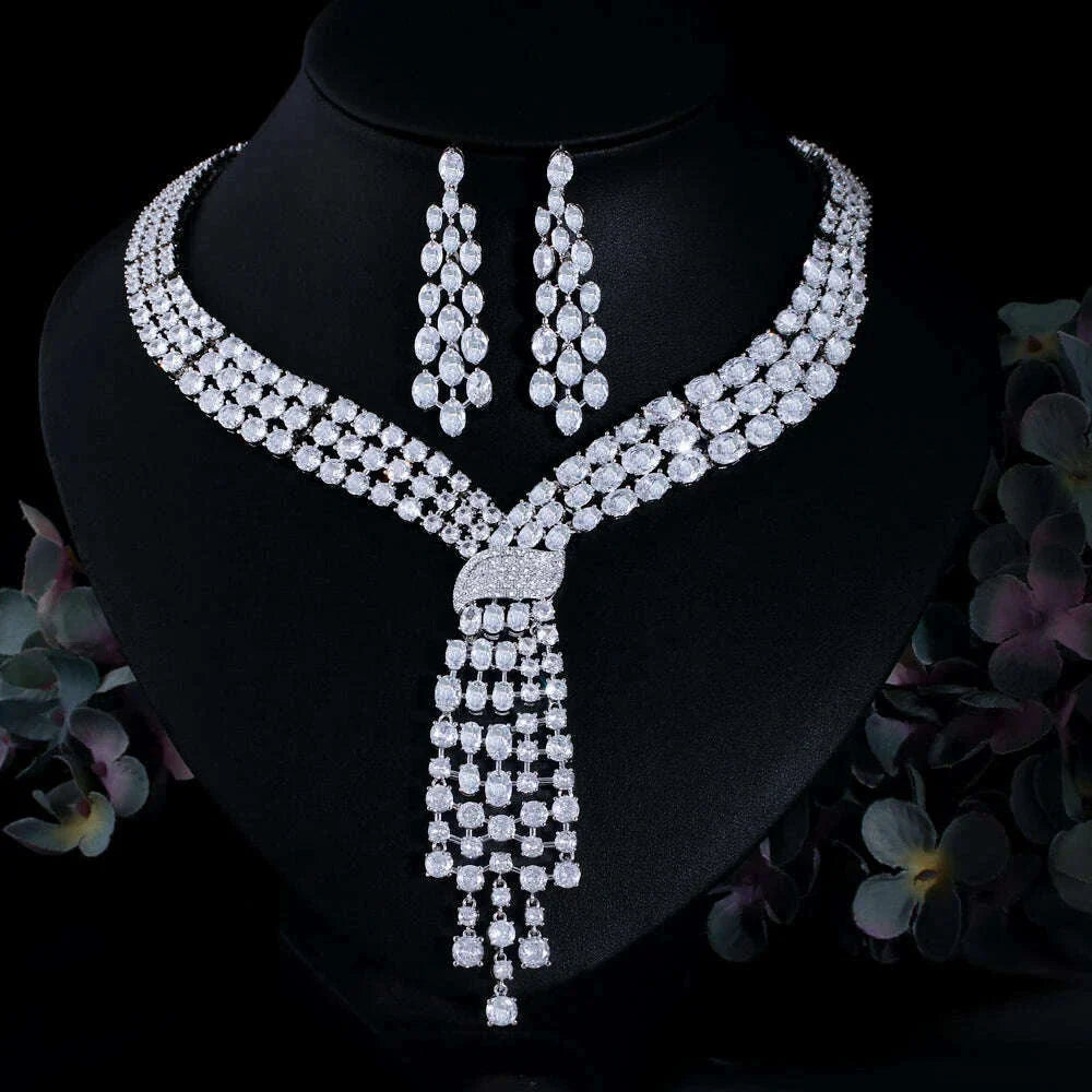 CWWZircons Luxury Dangle Tassel Drop Cubic Zirconia Big Wedding Bridal Party Necklace and Earrings Jewelry Sets for Women T750