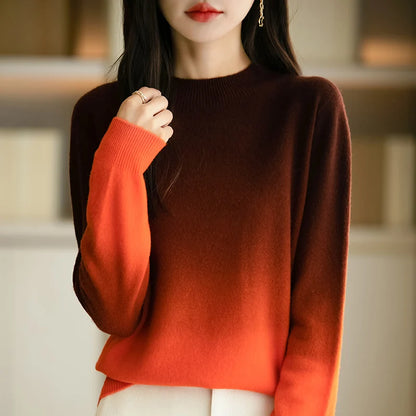 Women New Fine Wool Thickening Sweater Outwear Gradient Mock Collar Pullover Autumn Winter Bottoming Casual Warm Knitting Tops