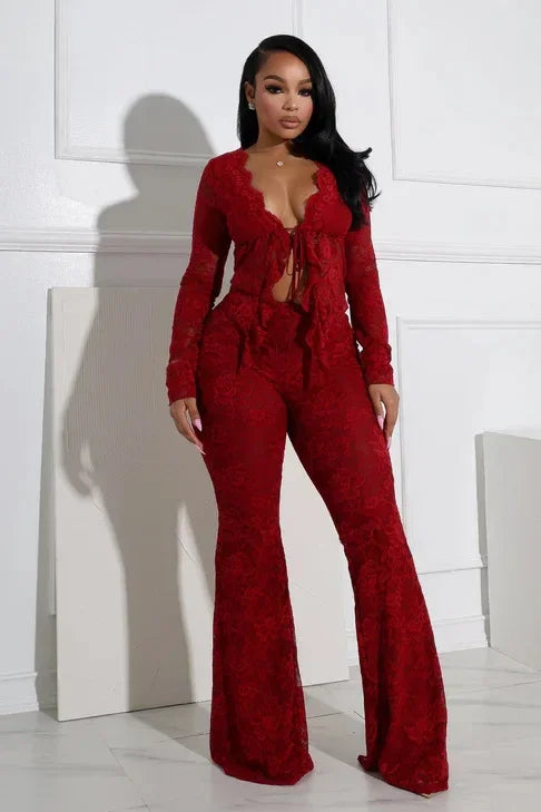 2026 Women's Set Long Sleeve Lace See Through Shirt + Long Pants Street Evening Sexy Two 2Piece Sets Outfits Tracksuit |...