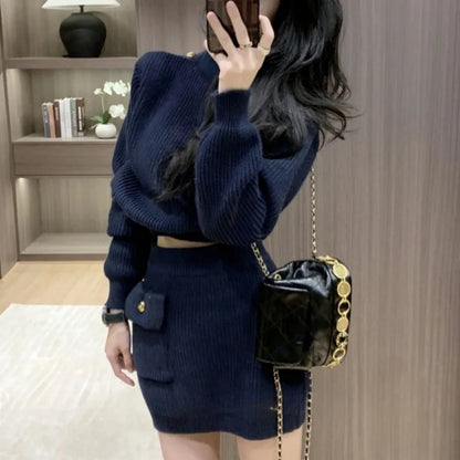 Navy Blue Dress Sets for Women Long Sleeve Tops Knitted Mini Skirts Pockets Fashion Autumn Winter High Street Ins Korean Style