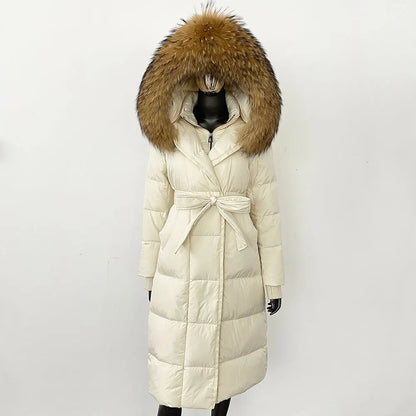 CXFS New Real Raccoon Fox Fur Collar Hooded Natural Long Winter Jacket Women 90 White Duck Down Coat Thick Warm Casual Outerwear