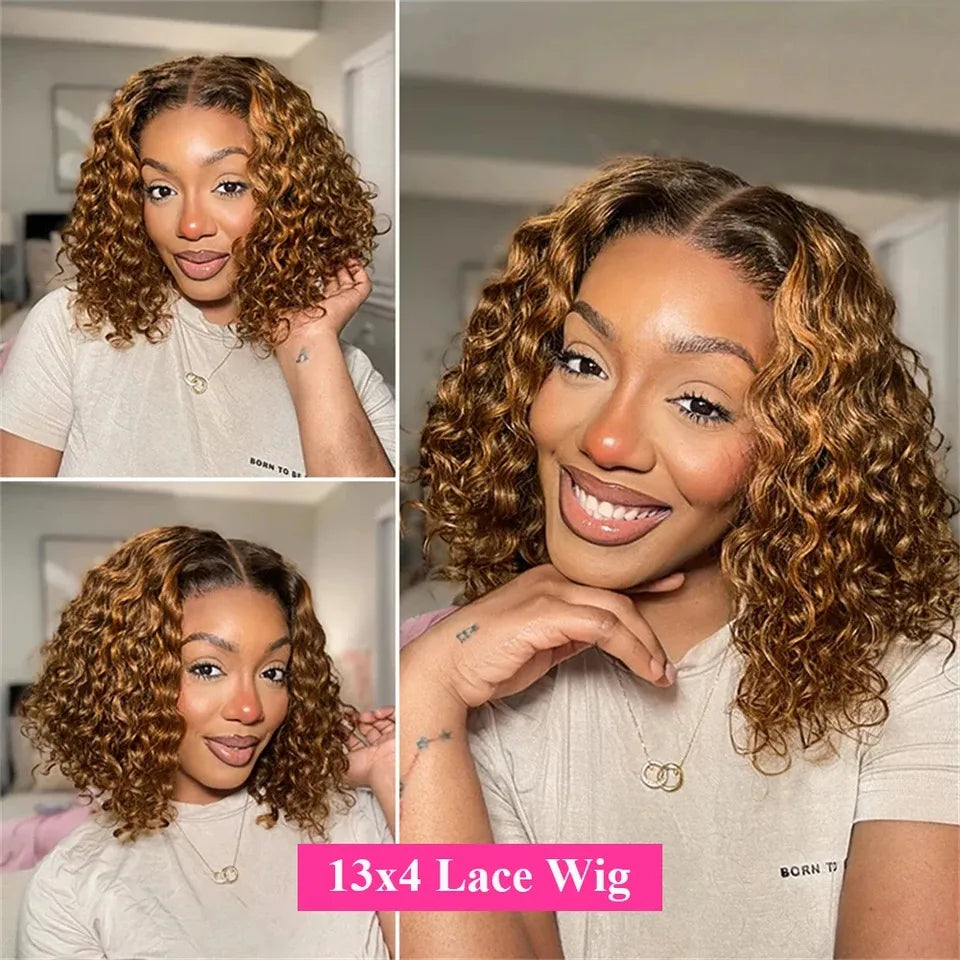 Deep Culry Highlight 4/27 Color 100% Human Hair 16Inch Bob Wigs 13x4 HD Lace Frontal Bob Human Hair Wig 200%Density Remy...