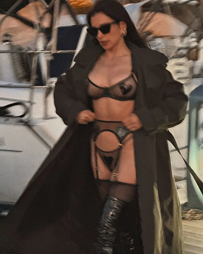 Ellolace Fantasy Lingerie Sexy Women Heart Leather Splicing Bra 3PC with Gloves&Stockings Romantic Fetish See Through Underwear