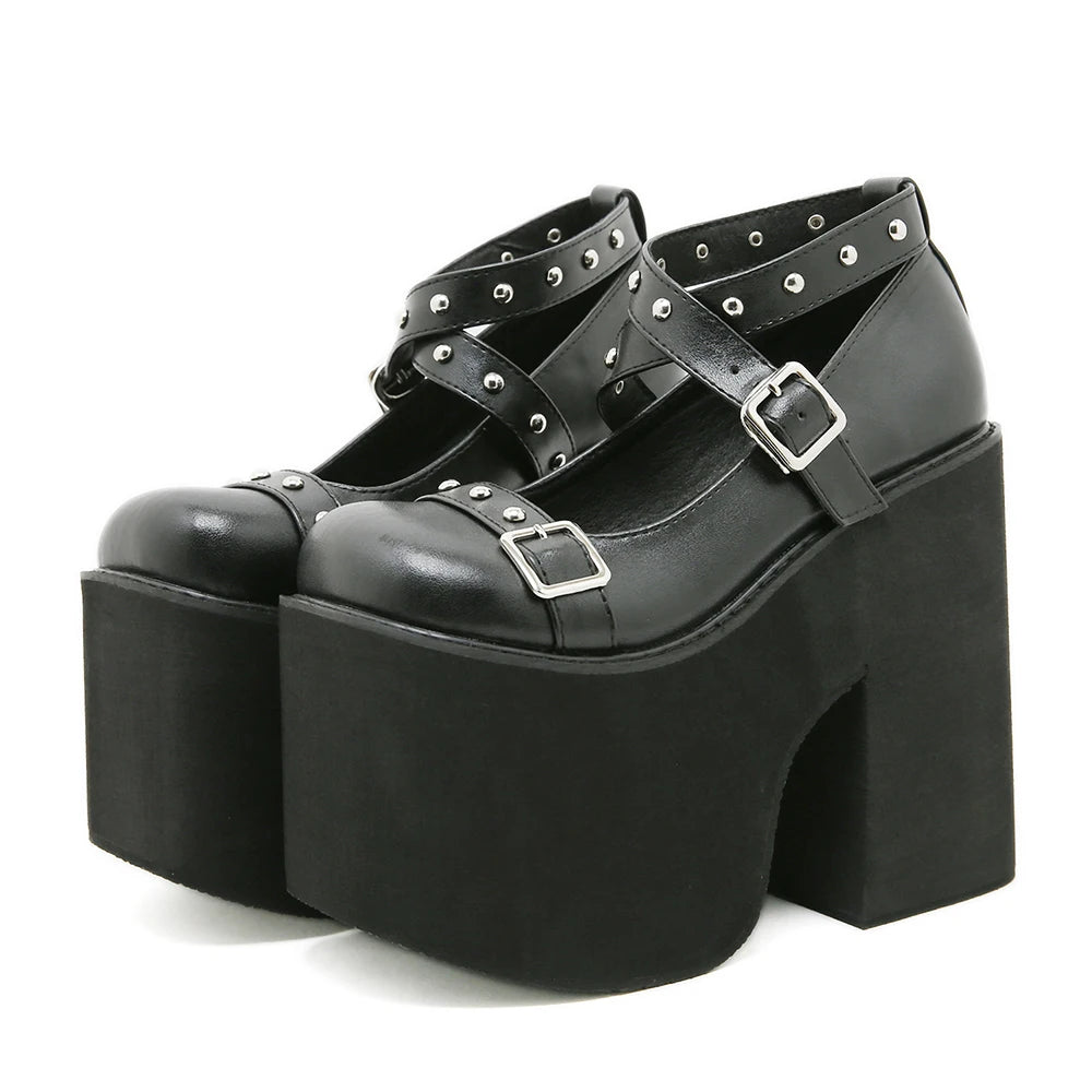 Gdgydh Punk Style Black Rivet Buckle High Heels Shoes for Women Trendy Gothic Waterproof Platform Shoes Belt Buckle...