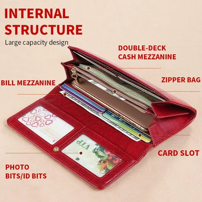 RFID Anti-Theft Brush and Demagnetization Long Handbag, Large Capacity Integrated Card Bag, Multi-Functional Wallet, Leather Cow