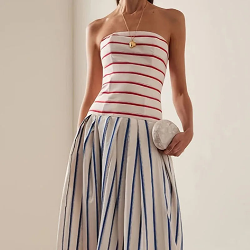 Sexy Strapless Backless Women Maxi Dress Elegant Contrast Striped Print Hollow Long Dress Spring Summer High Waist Evening Dress - Kimlud