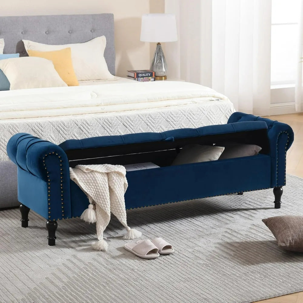 Velvet Storage Bench 67 Inch Upholstered Tufted Ottoman Bench with Arms Large Storage Space King Size End of Bed Bench