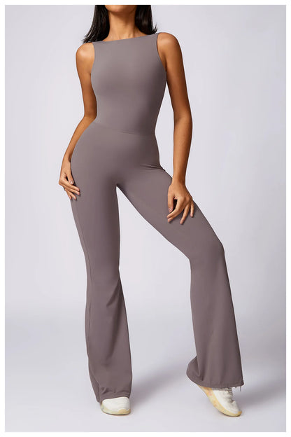 Hollow Out Backless One Piece Yoga Jumpsuit Women Sport Sleeveless Fitness Gym Suit Workout Exercise Skinny Flare Bodysuits