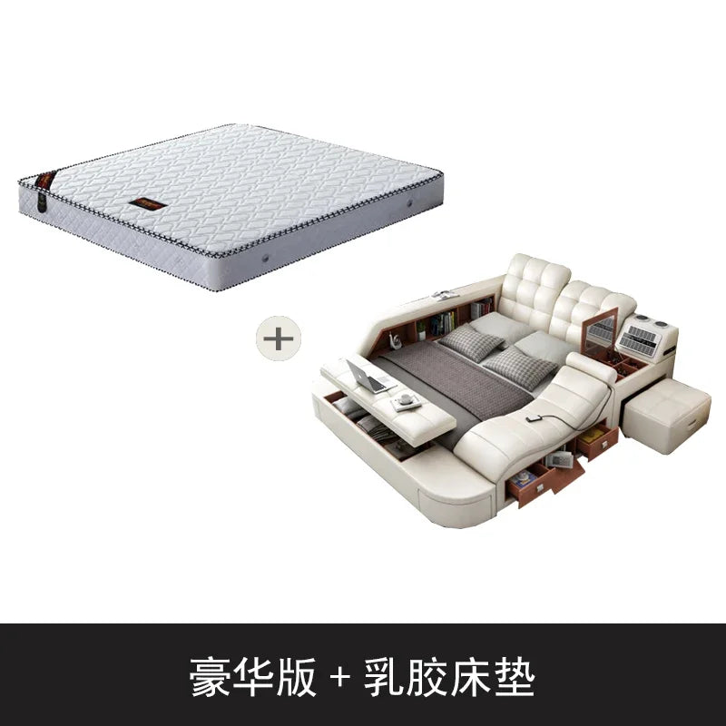 Genuine Leather Tech Smart  Multifunctional Beds Massage Modern Luxury Camas Upholstered With Bluetooth Speaker,Air Cleaner