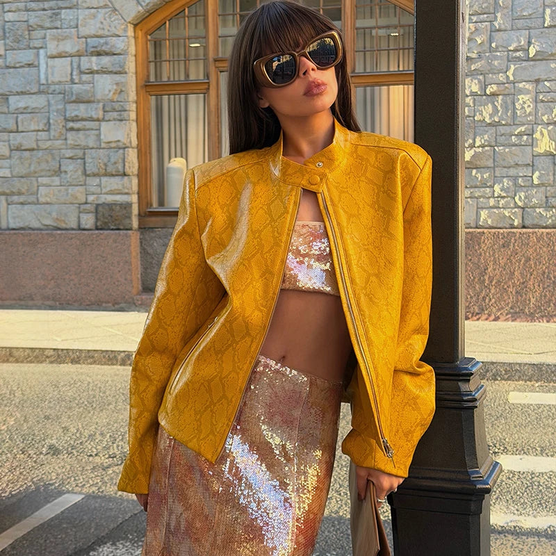 Snake Pattern Zipper Front Women's Jacket Stand Collar Padded Shoulder Cropped Long Sleeve Zip Outer Coat City Night Out...