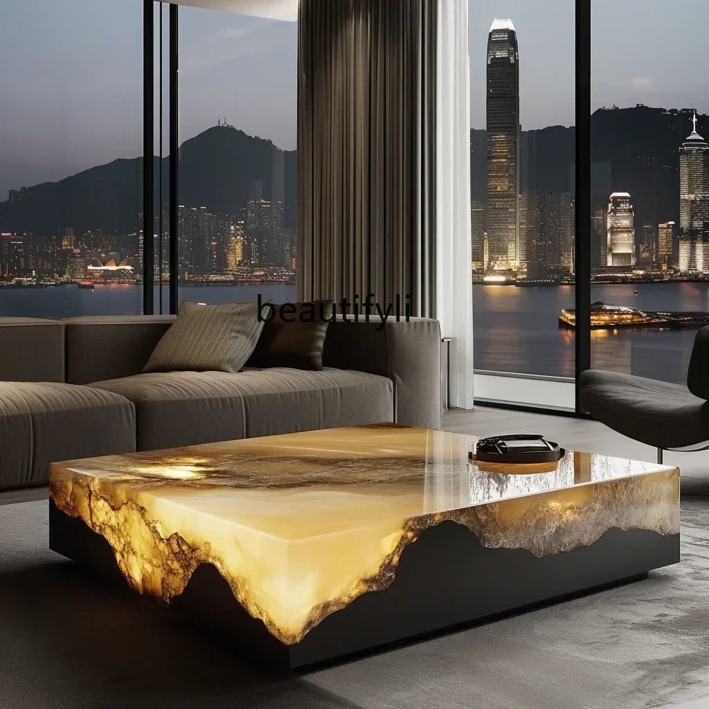 G53 Square luminous jade coffee table leather light luxury minimalist style living room luxury stone natural marble - Kimlud