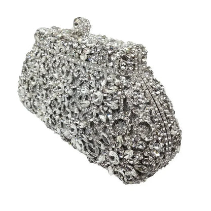 Boutique De FGG (in stock) Flower Crown Clutch Silver Crystal Evening Handbag Women Party Prom Bag Bridal Clutches Wedding Purse - Kimlud