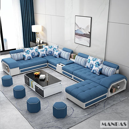 MINGDIBAO Fabric Sofa Set Furniture Living Room Sofa Set with USB and Stools / Big U Shape Cloth Couch Sofas for Home...