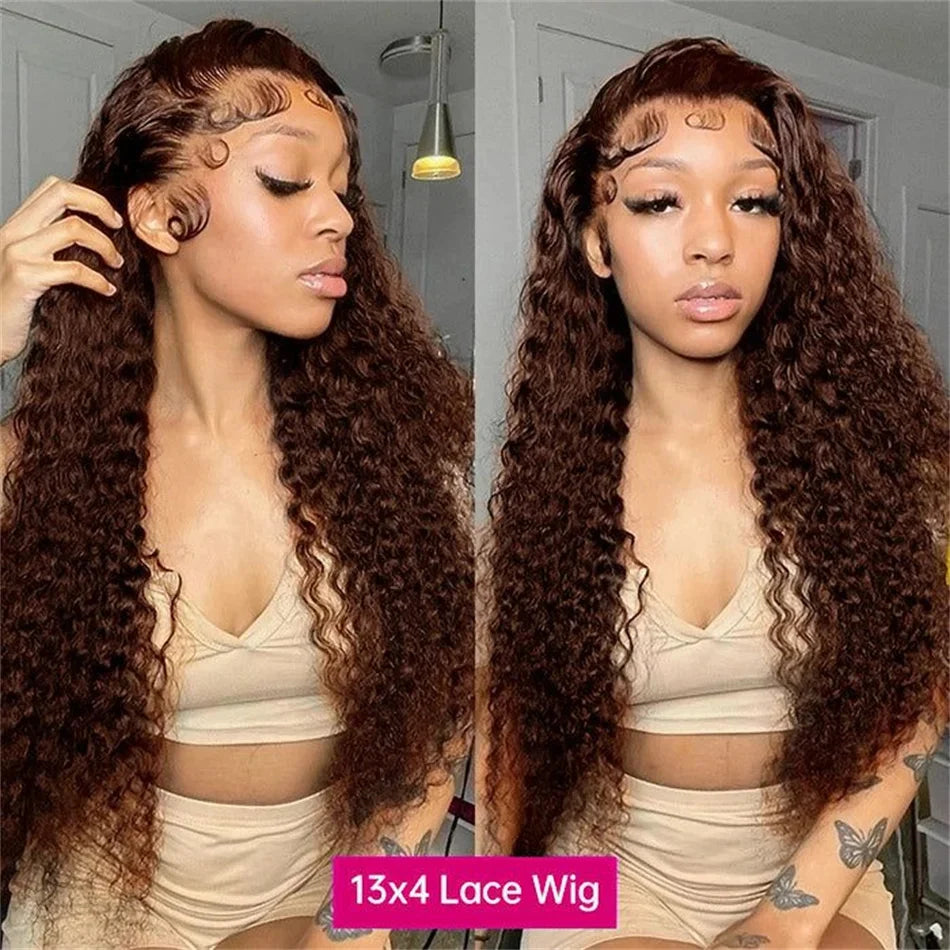 Chocolate Brown Deep Wave Lace Front Human Hair Wigs Transparent 13x4/13x6 Deep Curly Pre Plucked Human Hair Lace Frontal Wigs