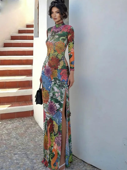 Whatiwear Spring Trend T-Shirts Woman Splits Hem Colorful Flower Extended Print o-Neck Full Sleeve High Waist Elegant...